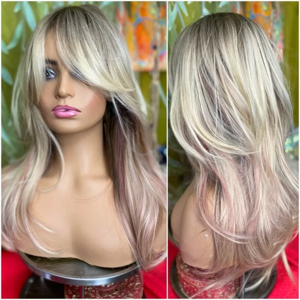 LAST ONE blonde with pink highlights layered wig
